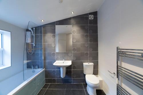 a bathroom with a sink and a toilet and a shower at Charming Tower Bridge Apartment in London