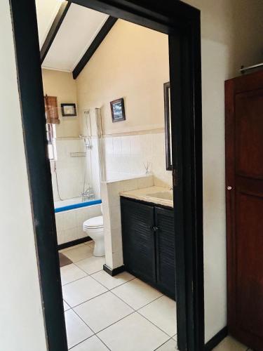a bathroom with a sink and a toilet in it at River Front Guest House in Gqeberha