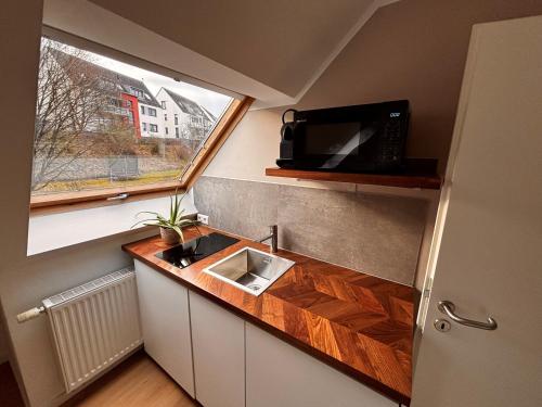 a small kitchen with a sink and a microwave at Stuttgart Nest in Stuttgart