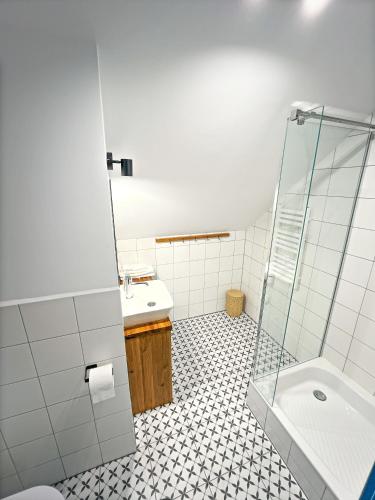 a bathroom with a shower and a sink and a toilet at Smugi Dom Gościnny in Lipowiec