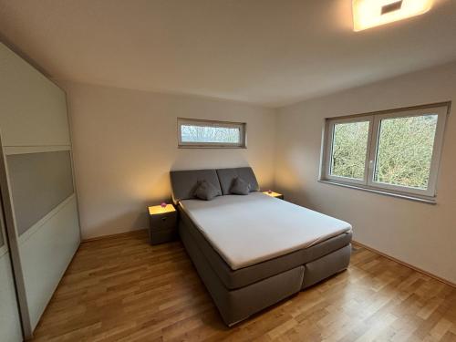 a bedroom with a bed and two windows at Entspannung am Wald in Wald-Michelbach