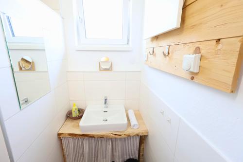 a bathroom with a sink and a mirror at Claras Bergzeit in Flattnitz