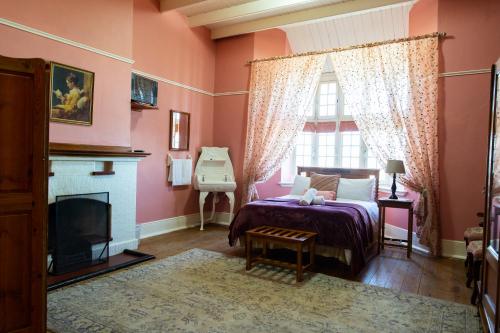 a bedroom with pink walls and a bed and a fireplace at The Manor House at Dunn's Castle in Piketberg
