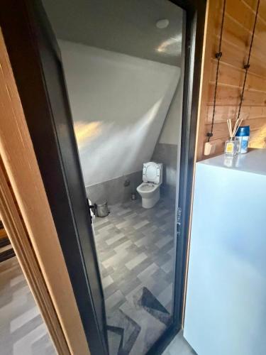 a small bathroom with a toilet in a room at Kvabtkari Cottages in Ambrolauri