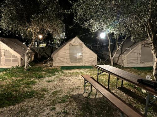 a park with two tents and a bench at night at Garden Lake Camping in Ksamil