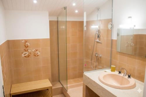 a bathroom with a sink and a glass shower at La villa Cigaliere in Tulette