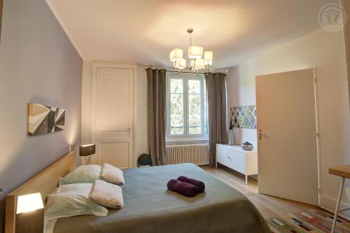 a bedroom with a bed and a window at Le Clos des Soyeux in Saint-Victor-sur-Rhins
