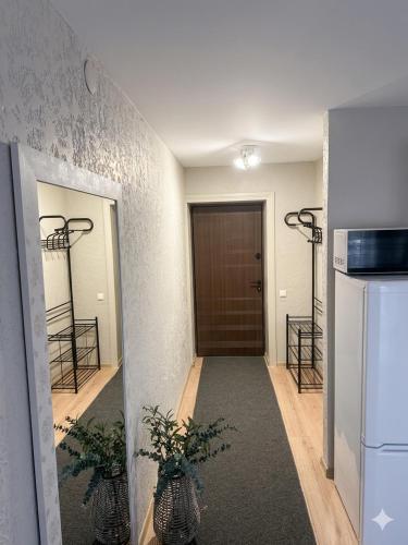 a hallway with a door and two potted plants at Naomi apartaments in Saldus