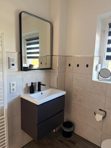 a bathroom with a sink and a mirror at Ferienhaus Mila in Löbau