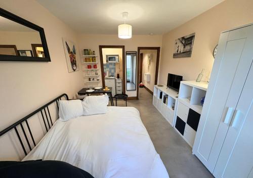 a bedroom with a white bed and a living room at Studio Cosy Carnot in Compiègne