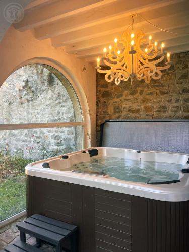 a large bath tub with a chandelier in a room at Le Clos des Soyeux in Saint-Victor-sur-Rhins
