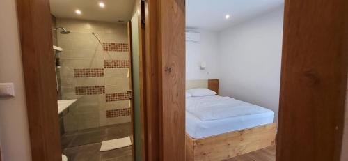 a small bathroom with a bed and a shower at Penzion Tavcar in Ljubljana