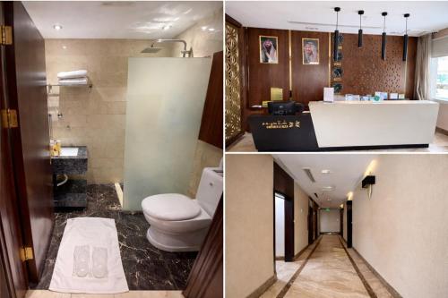 two pictures of a bathroom with a toilet and a sink at كلاديوم in Medina