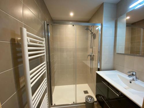a bathroom with a shower and a sink at Les Estives R-2G in Le Lioran