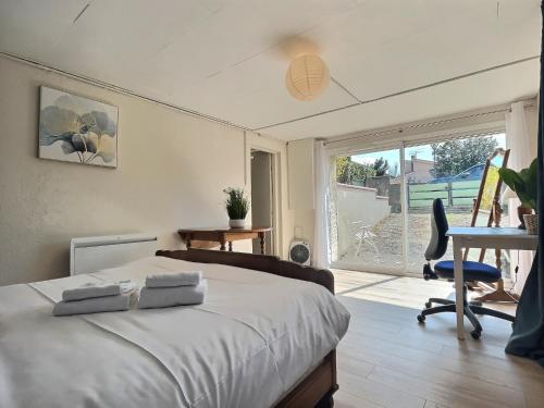 a bedroom with a bed and a desk and a window at Les trois Pitchounes- Wifi- Piscine- Calme in Albi