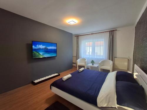 a bedroom with a bed and a tv on the wall at MOONLIGHT Prémium APARTMANHÁZ in Sárospatak