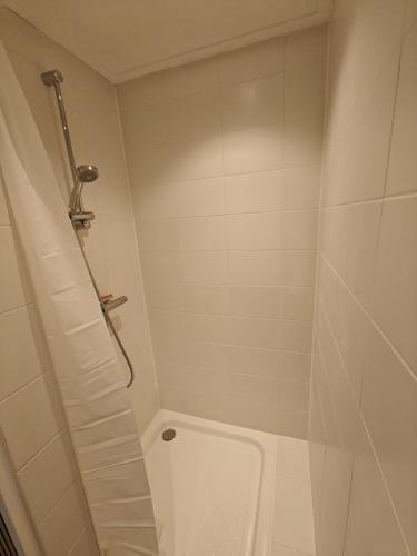 a white bathroom with a shower and a toilet at Studio 13 in Dronrijp