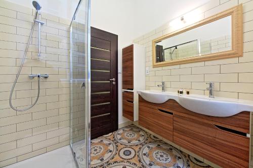een badkamer met een wastafel en een douche bij DeLuxe Apartment in Praag