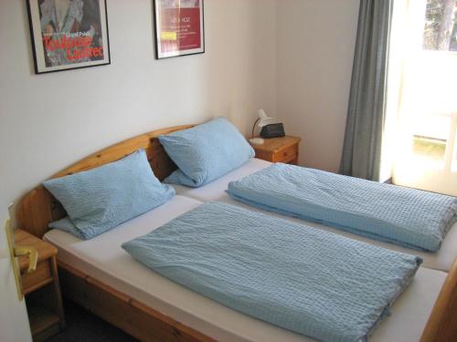 a bedroom with two beds with blue pillows at Ferienwohnung Schwark Haus Elisabeth in Aschau im Chiemgau