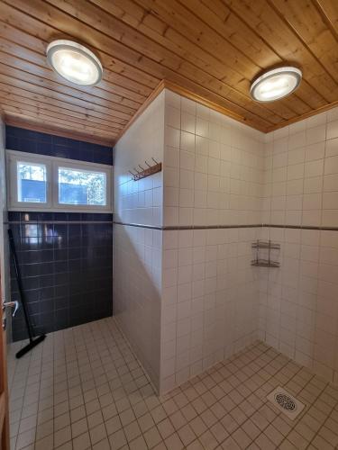 a bathroom with a shower with two lights on the ceiling at Tikankolo in Puumala