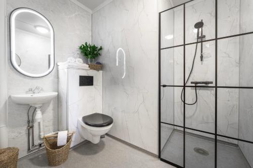 a bathroom with a toilet and a sink and a mirror at Negarden 1897 in Åsnes
