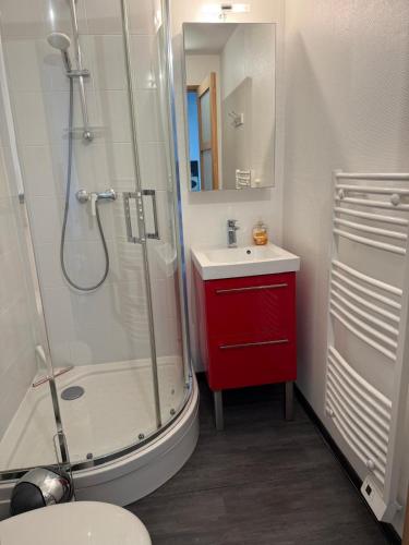 a bathroom with a shower and a red cabinet at T2 jardinet, accès direct plage in Cabourg
