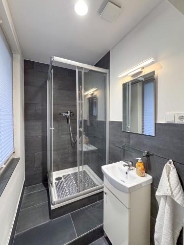 a bathroom with a shower and a sink at City-Apartment Spreeufer im Herzen Berlins in Berlin