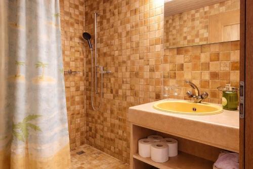 a bathroom with a sink and a shower with a shower curtain at Hotel guter Hirte in Huttwil