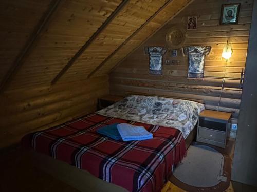 a bedroom with a bed in a wooden cabin at Teremok in Tatariv