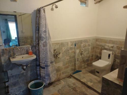 a bathroom with a sink and a toilet at The Explorer's Den in Munsyari