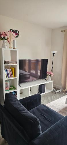a living room with a couch and a tv at Private room in a 2-bedroom house in Dinnington