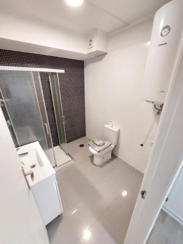 a white bathroom with a toilet and a shower at Santiago Apartment in Caminha