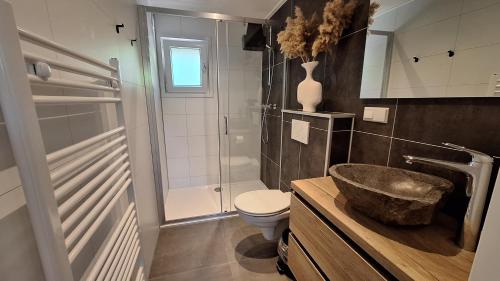 a bathroom with a sink and a toilet and a shower at Bungalow type Korhoen 4p in Otterlo
