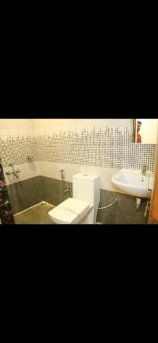 a bathroom with a toilet and a sink at Hotel Meghdoot in Pachmarhī