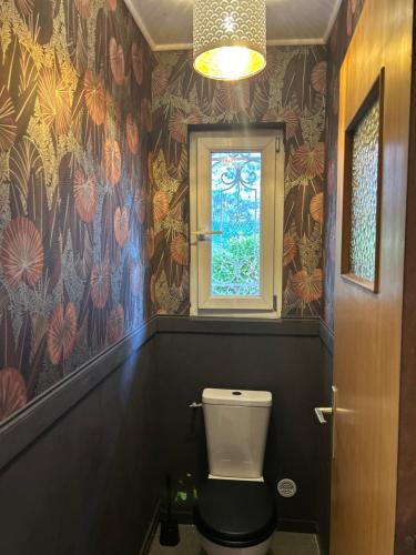a bathroom with a toilet and a window at Le Petit Rocher in Pierrelatte