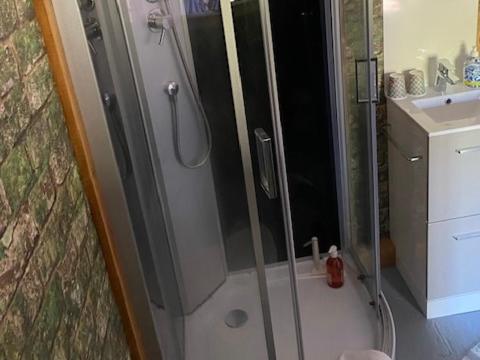 a shower with a glass door in a bathroom at La Bouchère 33 in Meuzac