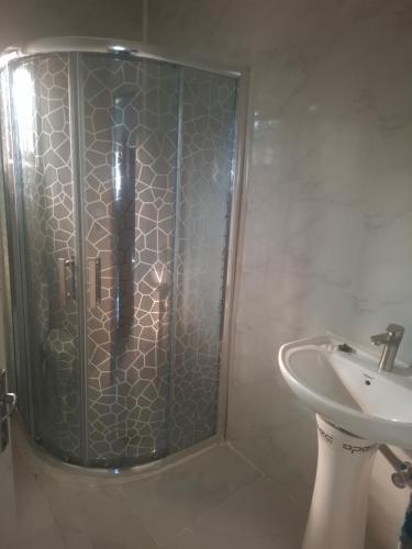 an umbrella in a glass shower in a bathroom at Rose's Garden Cottages in Lusaka