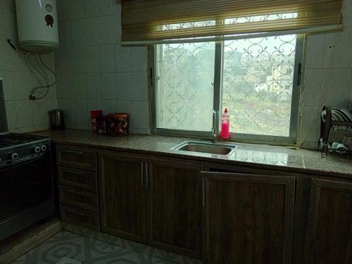a kitchen with a sink and a window at Flowers in Jerash
