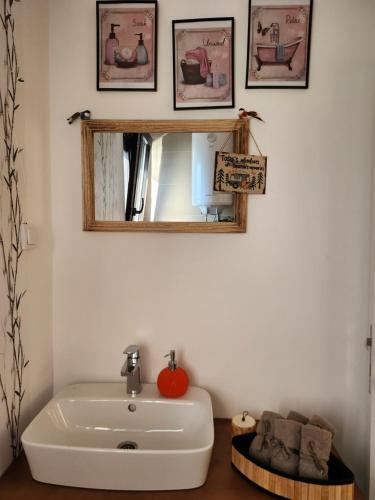 a bathroom with a white sink and a mirror at Splav La-familia in Umka
