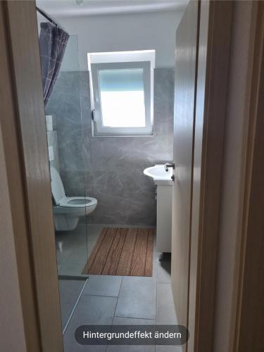 a bathroom with a toilet and a sink and a window at Apartman Sunce in Jerkovići