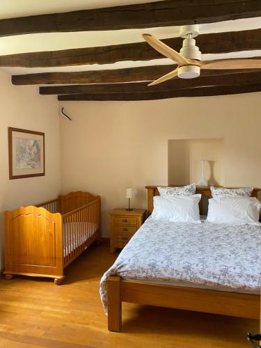 a bedroom with a bed and a ceiling fan at Cottage de La Mothe in Marnac