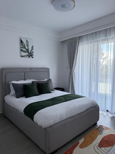 a bedroom with a large bed in front of a window at Nessie Homes in Nairobi