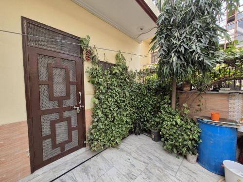 an open door of a building with plants next to it at Taj Street Hostel in Agra