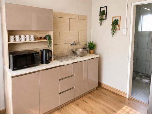 a kitchen with a sink and a microwave at Langpad Self Catering in Frankfort