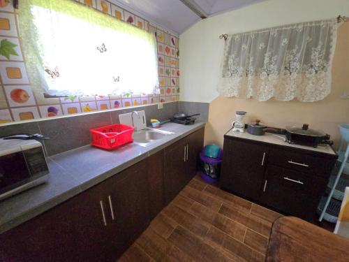 una cocina con fregadero y encimera en Casa Sol, en Sarapiquí