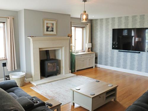 a living room with a fireplace and a tv at Cefn Y Gwynt in Llangranog