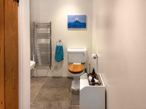 a bathroom with a toilet with a wooden seat at Chapel Barn - Uk46738 in Shapwick