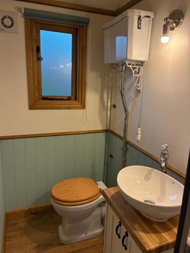 a bathroom with a toilet and a sink and a window at The Apple Farm Glamping in Snitterfield