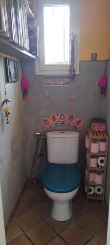 a bathroom with a toilet with a blue seat and a window at Ch'ti Tichenn GR34 in Saint-Michel-en-Grève