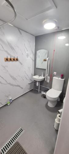 a bathroom with a toilet and a sink at The Hive Great Yarmouth in Great Yarmouth